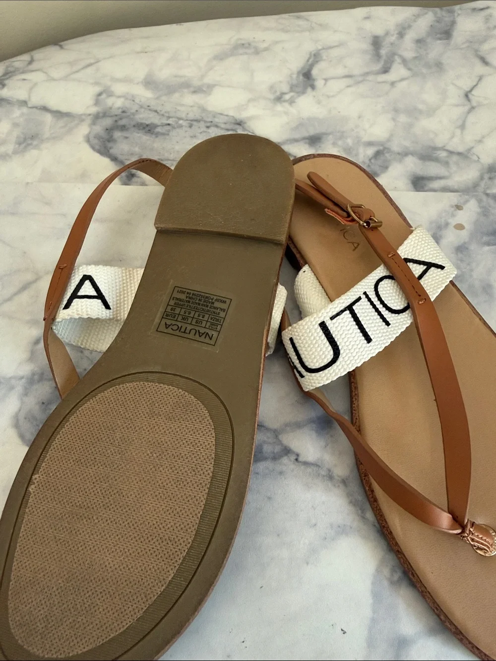 Nautica Tan Leather Thong Sandals with White Logo Strap